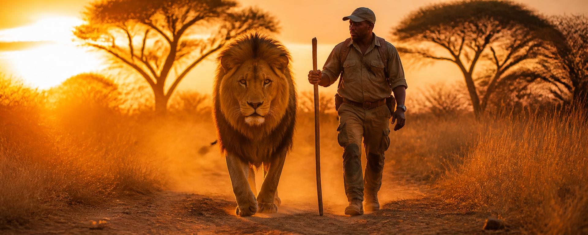 Guide walking beside a large male lion at Ukutula