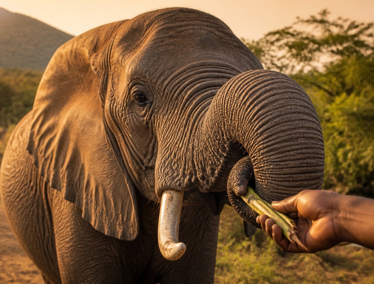Guest meeting rehabilitated African elephant at Hartbeespoort Elephant Sanctuary