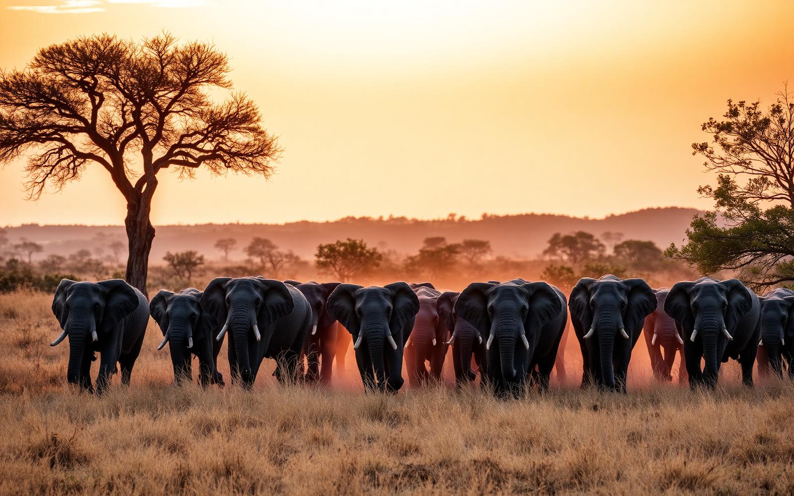 Elephant herd at sunset in Kruger National Park