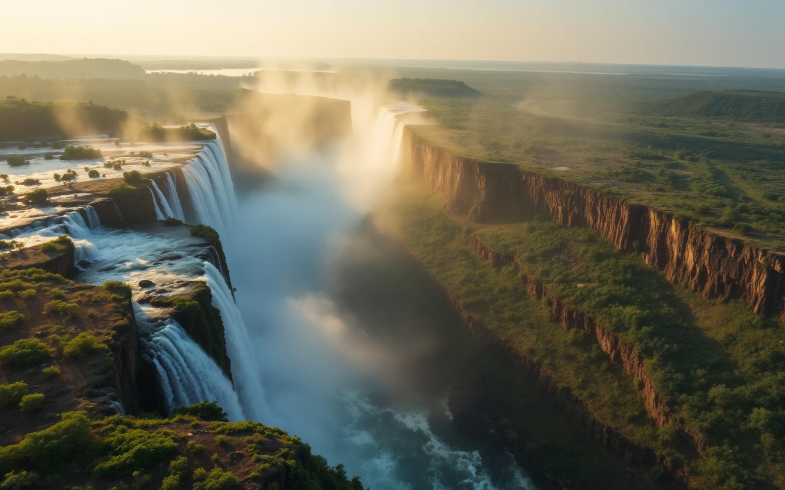 Aerial view of Victoria Falls at golden hour