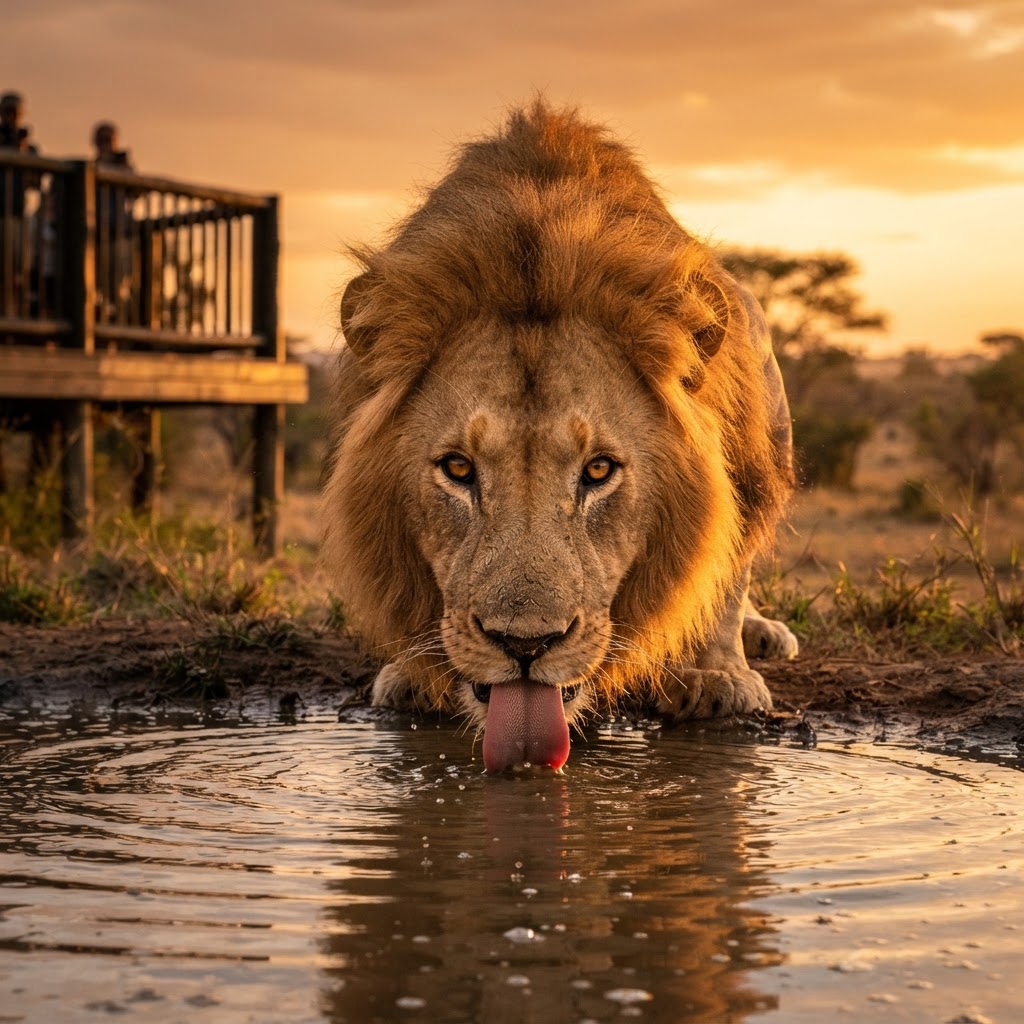 Lions at the waterhole viewed from Ukutula's bush deck